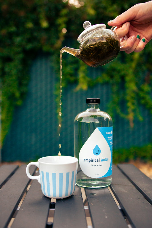 A person pours water from a teapot into a cup